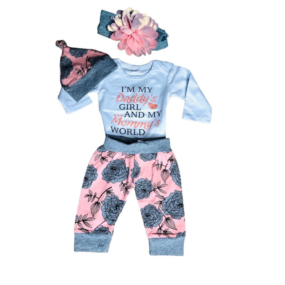 NEW Baby Girl 4 Pc Outfit Floral Print w/Headband and Hat Long Sleeve